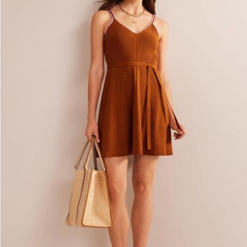 Boden Crochet Trim Tie Belt Ribbed Knit Sweater Dress Sz 8 M